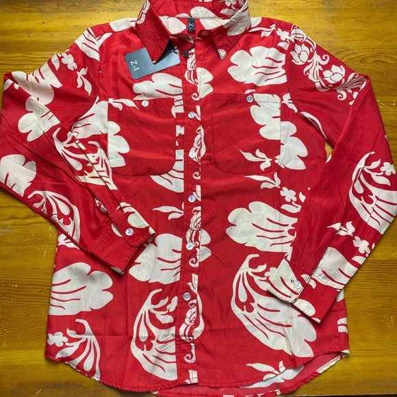 NWT Z & I floral button front collar shirt top red beige tan nude long sleeve M - Picture 4 of 12